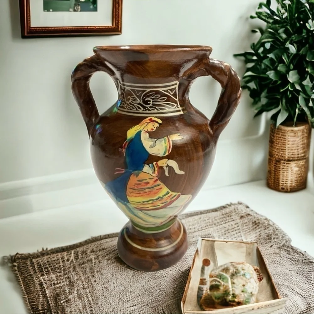 Vintage Signed Handmade Greek Pottery Vase Woman Double Handle Made in Greece